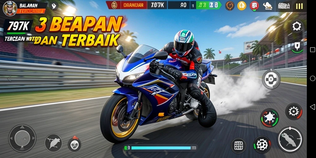 Tampilan gameplay menegangkan dalam balapan motor 797K.