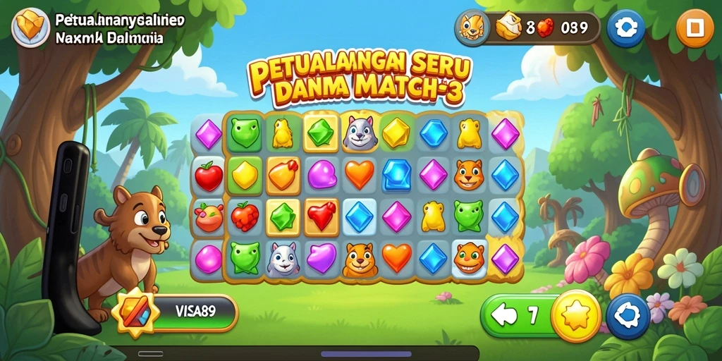 Screenshot menunjukkan gameplay seru Match-3 di VISA89.