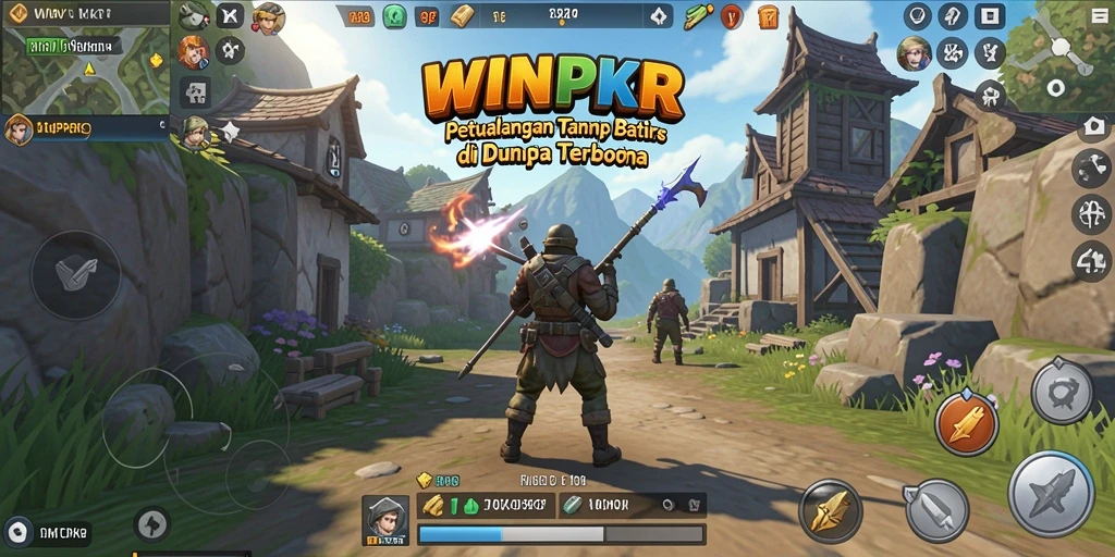 Screenshot gameplay WINPKR menunjukkan petualangan yang epik di dunia terbuka.
